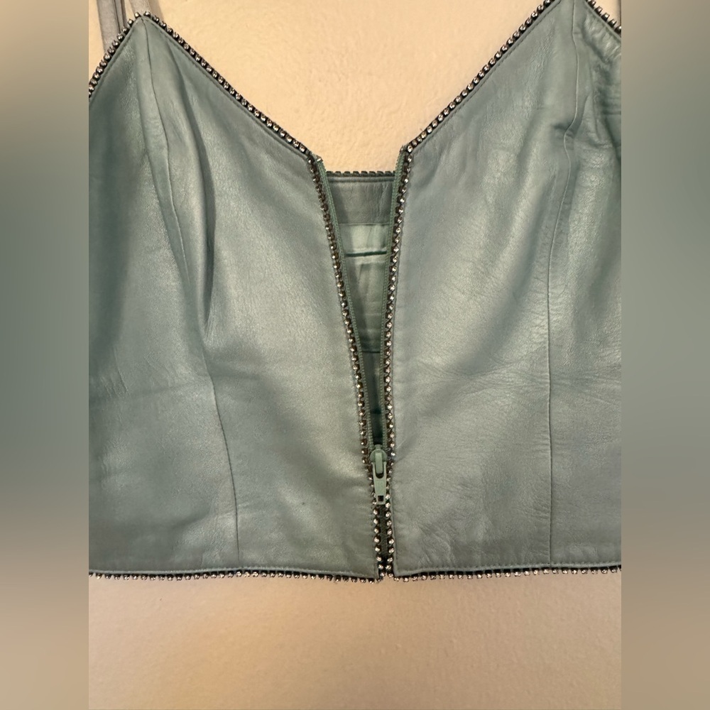 VTG Michael Hoban North Beach Leather Corset Top Crop Tank Blue Rhinestone 8 EUC - Picture 4 of 10